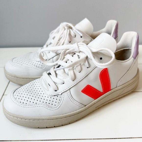 Veja x Madewell V10 Leather Sneakers Lilac with Neon Orange Size EU 37 US 6 - Picture 1 of 10